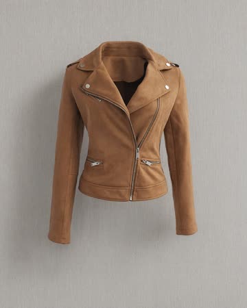 Coffee faux suede moto jacket, product photo